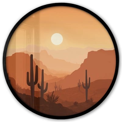 Poster in lijst Rond - Fotolijst 40x40 cm - Posters - Landschap - Woestijn - Cactussen - Zon - Ronde posterlijst zwart - Decoratie - Wanddecoratie woonkamer - Muurdecoratie slaapkamer