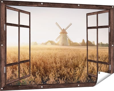 Gards Tuinposter Doorkijk Windmolen in het Veld - 150x100 cm - Tuindoek - Tuindecoratie - Wanddecoratie buiten - Tuinschilderij