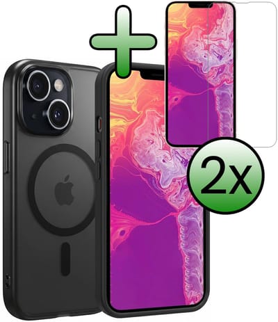 Hoesje Met 2x Screenprotector - Geschikt voor Apple iPhone 14 - Magsafe Compatible - Sterk & Shockproof - Back Cover - Shock Proof Case - Telefoon Hoes - Zwart
