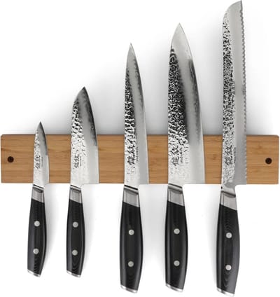 Yaxell Tsuchimon Messenset – 6-delig – Magnetische Messenstrip Bamboe met 5 Messen – 3 Lagen Damaststaal – VG-10 Staal – Canvas-Micarta Heft