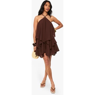 boohoo Dames Petite halterneck mini-jurk met gouden afwerking en gelaagde rok | Chocoladebruin | Maat: 42
