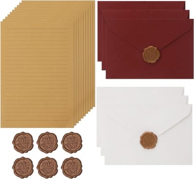 Vintage Briefpapier Enveloppen Set met 6 Linnen Enveloppen, 20 A5 Briefpapier en 6 Waszegels voor Liefdesbrieven, Uitnodigingen en Verjaardagen