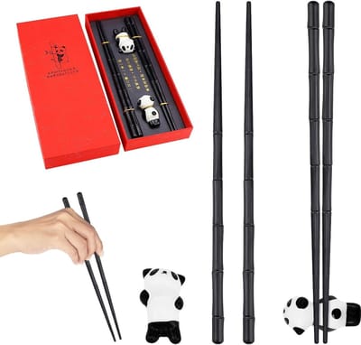 Bamboe eetstokjes met panda keramische houders, herbruikbaar en vaatwasmachinebestendig, perfect voor sushi en Aziatische gerechten, geleverd in geschenkdoos