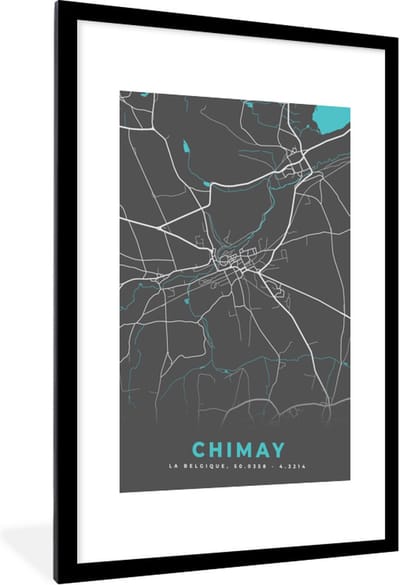 Fotolijst incl. Poster - Kaart – Plattegrond – Stadskaart – Chimay – België - Grijs - 60x90 cm - Posterlijst