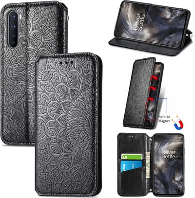 Luxe PU Lederen Blooming Mandala Reliëfpatroon Wallet Case + Glas Screenprotector voor OnePlus Nord 5G _ Zwart