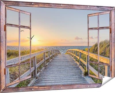 Gards Tuinposter Doorkijk Voetpad met Zee en Vogels - 180x120 cm - Tuindoek - Tuindecoratie - Wanddecoratie buiten - Tuinschilderij