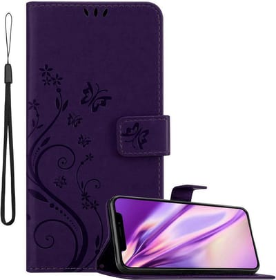Cadorabo Hoesje geschikt voor Apple iPhone XR in BLOEMEN DONKER PAARS - Beschermhoes in bloemmotief met magnetische sluiting, standfunctie en kaartsleuven Book Case Cover Etui
