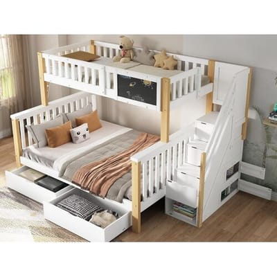 ModernLuxe Massief houten stapelbed met lades en opbergtrap - 90x200cm + 140x200cm - Wit & Naturel