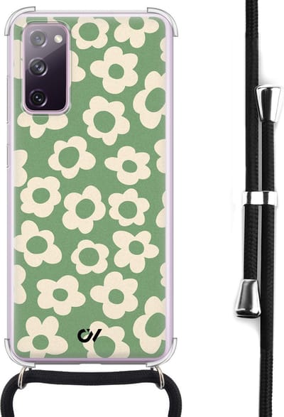Telefoonhoesje met koord geschikt voor Samsung S20 FE - Retro Cute Flowers - Inclusief koord - Transparant, Groen - - Crossbody beschermhoes - Met Telefoonketting