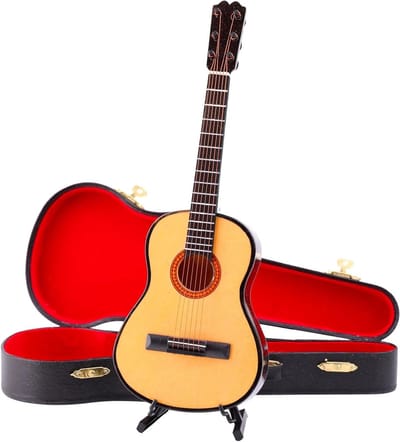 Houten Mini Gitaar - Muziekinstrument Replica - Woondecoratie - Gedetailleerd Houtwerk - 25 x 9.2 x 3 cm