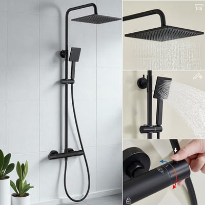 Auralum MAX Regendouche met Thermostaatkraan - Zwart Douchesysteem - Regendouche Ø 25.4 cm - Handdouche Ø 8.5 cm - Zwart