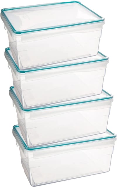 5Five Vershoudbakje TRITON - 4x - deksel met zijklemmen - kunststof - luchtdicht - 25 x 18 x 12 cm - 3700 ml - transparant/blauw