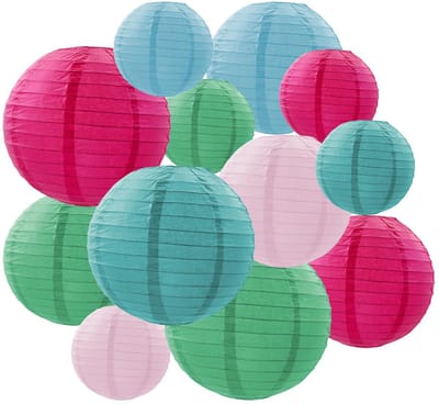 12 stuks papieren lantaarns decoraties, meerdere kleuren hangende papieren lantaarns, ronde papeies lantaarns voor buiten, feestdecoraties voor bruiloft, verjaardag, babyshower, feest