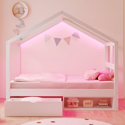 Hemelbed 90×190 cm - met lade en klein schoenenkastje - met LED-verlichting - eenpersoonsbed - wit - zonder matras