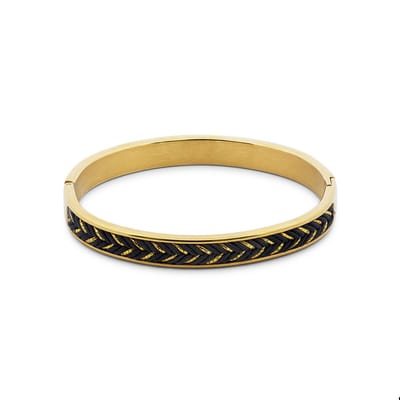 CO88 Collection 8CB-91448 Bangle Dames – Goudkleurige Armband met Zwart Gevlochten Detail – Moderne Statement Bangle