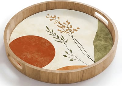 Dienblad rond 40x40 cm - Schootdienblad hout - Zon - Abstract - Takken - Oranje - Borrelplank rechthoek - Plateau houten dienbladen