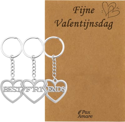 Koppel Sleutelhanger voor 3 'Fijne Valentijnsdag' - 3 hartjes - Sleutelhanger set op Cadeau Kaartje - Zilverkleurig - Vriendschap of Relatie Symbool - Pax Amare