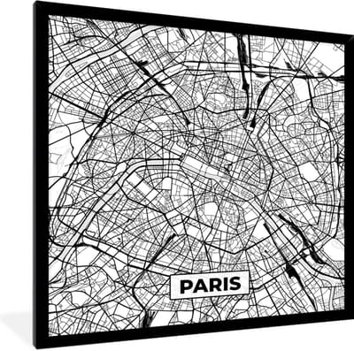Fotolijst incl. Poster Zwart Wit- Parijs - Frankrijk - Plattegrond - Paris - Stadskaart - Kaart - Zwart wit - 40x40 cm - Posterlijst