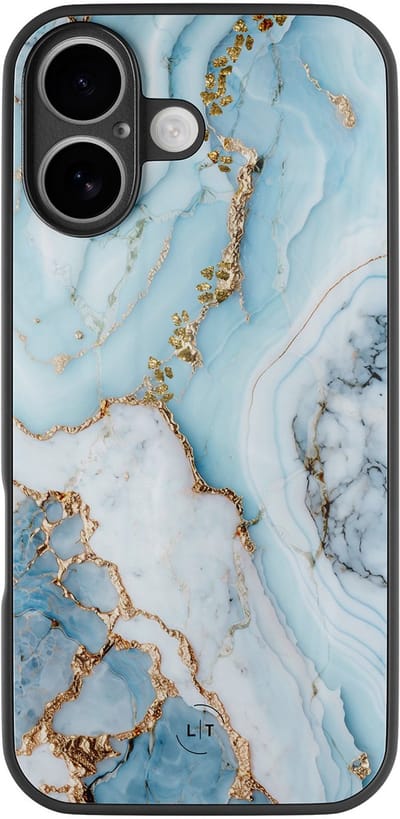 Hoesje geschikt voor iPhone 16 - Marmer babyblauw - Luxe Glazen Hardcase - Marmer - Blauw - Leuke Telefoonhoesjes