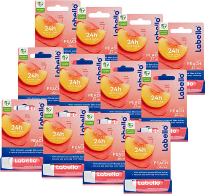 Labello Lippenbalsem Peach Shine - 24u Hydratatie - Hydraterend- voor Gladde en Beschermde lippen - Voordeelverpakking - 12 stuks