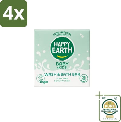 Happy Earth – Wash & Bath Bar – 100% Natuurlijk Baby & Kids – 50 g - Voordeelverpakking - 4 stuks - Natuurlijke wasbar - Zeepvrije wasbar