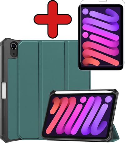 Hoesje - Geschikt voor Apple iPad Mini 6 (2021) - 8.3 inch - 6e Generatie - Met Screenprotector - Trifold Bookcase Hoes - Hard Cover Case - Met Uitsparing Geschikt voor Apple Pencil - Hardcover Book - Tablethoes - Donkergroen
