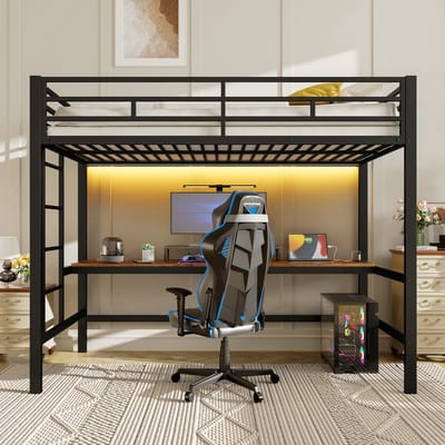 VVBV Hoogslaper met Bureau 90x200 cm - Metalen Kinderbed met LED Verlichting, Stopcontact & USB - Inclusief Trapje - Zwart