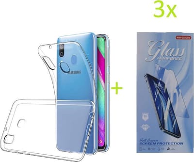 Soft Back Cover Hoesje Geschikt voor: Samsung Galaxy A40 Transparant TPU Siliconen Soft Case + 3X Tempered Glass Screenprotector