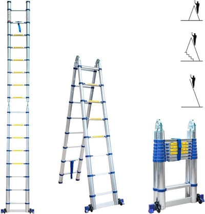 SnelShoppen - Telescopische ladder 5 m, scharnier, 2 x 8 treden, opvouwbaar, professioneel, multifunctioneel, maximale werkhoogte 5,9 m, ideaal voor k