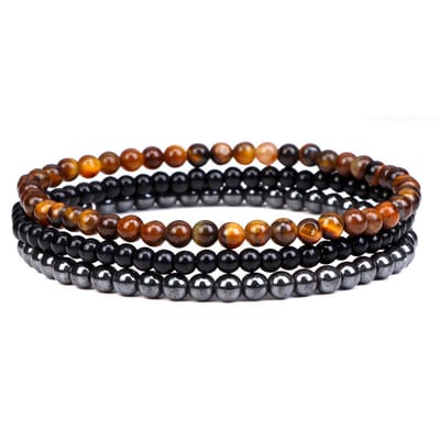 Bixorp Gems 4mm Tijgeroog + Onyx + Hematiet Edelstenen Armbanden Set - Kralenarmband Cadeau - 18cm