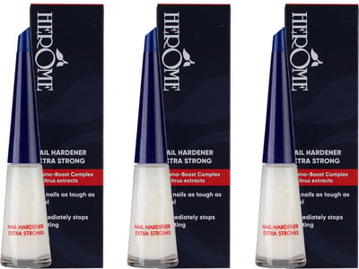 Herome 3-Pack Nagelverharder Extra Sterk en Base Coat - Nail Hardener Extra Strong- Nagelversterker voor Zwakke en Gevoelige Nagels - TFS Hars- en Tolueenvrij - 3*10ml