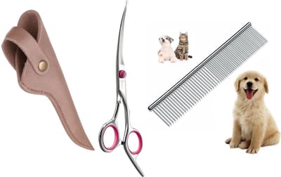 Professionele Hondenschaar – Trimschaar Ergonomisch Krom Rechts – Vacht- & Pootverzorging voor Langharige Honden – Roze met Luxe Lederen Etui – 16,5 cm – Brons + Anti-Klit Kam – Pijnloos & Huisdiervriendelijk