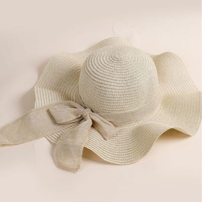 Chapeau de plage décontracté protection UV à larges bords avec rubans nœud Chapeau de paille de voyage Casquette visière solaire pliable portable beige