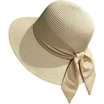 Chapeau de Soleil d'Été Respirant Mode Chapeau de Paille de Voyage Casquette de Plage Décontractée avec Nœud Papillon Pour Femmes beige