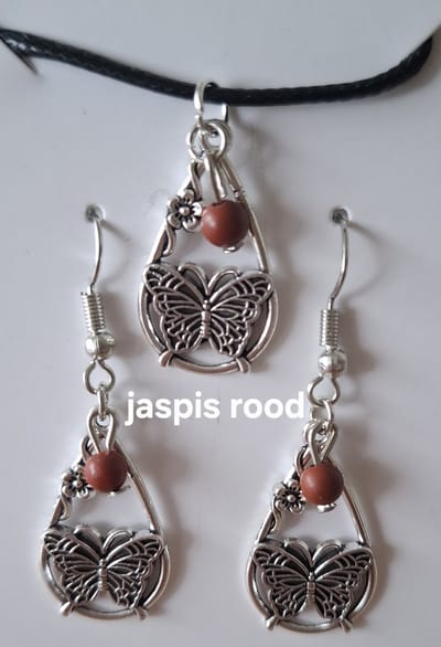 Set "Jaspis Rood" Waterdruppel / Vlinder Ketting / Armband