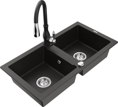 Mexen Mario granieten gootsteen 2-komorige met keukenmengkraan Savita, zwart/goud metallic - 6504-75-672601-70