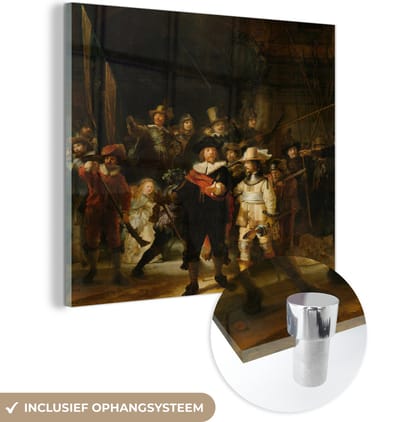 MuchoWow® Glasschilderij 50x50 cm - Schilderij acrylglas - De Nachtwacht - Schilderij van Rembrandt van Rijn - Foto op glas - Schilderijen
