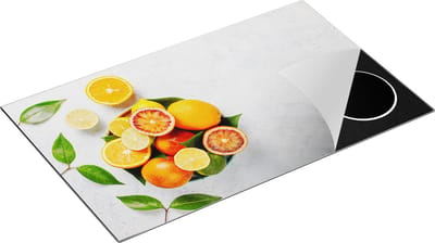 Chefcare Inductie Beschermer Citrusvruchten op Witte Marmer - Fruit - 85x52 cm - Afdekplaat Inductie - Kookplaat Beschermer - Inductie Mat