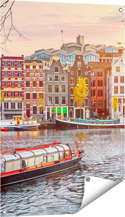 Gards Tuinposter Amsterdamse Huisjes vanaf de Grachten - 60x90 cm - Tuindoek - Tuindecoratie - Wanddecoratie buiten - Tuinschilderij