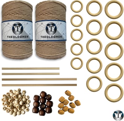 XXL Macramé Pakket | 400 METER | Incl. Handleiding | Lichtbruin | Starter Set | Ringen | Kralen | Stokken | Macramé Touw | 3mm | 100% Katoen | Macramé | Decoratie | DIY | Doe Het Zelf | Wandkleed | Dromenvanger | Plantenhanger | Tassen | TheOldOmen