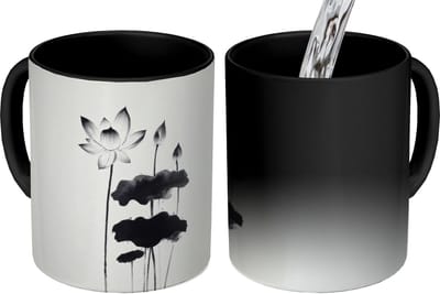 Magische Mok - Foto op Warmte Mokken - Koffiemok - Bladeren - Zwart - Lotusbloem - Minimalitisch - Magic Mok - Beker - 350 ML - Theemok