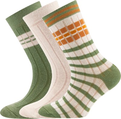 3-Pack Kindersokken Ewers met Ribpatroon - Set van 3 paar - Effen Creme/Beige en Creme met Strepen Groen en Oranjebruin-27/30