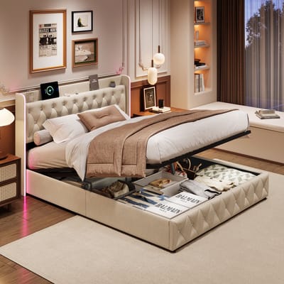 Elegant Gasdrukbed 140×200 cm – Fluwelen Bekleding met RGB LED-verlichting & USB-oplaadpunt – Hydraulisch Opbergbed