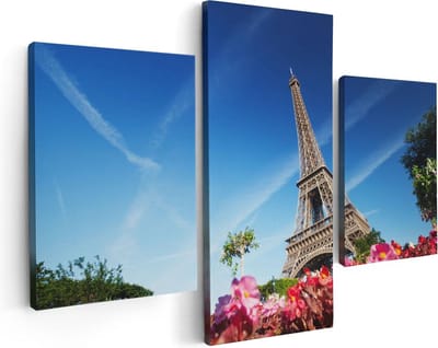 Artaza Canvas Schilderij Drieluik Eiffeltoren In Parijs Met Bloemen - 90x60 - Foto Op Canvas - Canvas Print