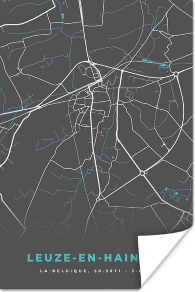 Poster België – Leuze en Hainhaut – Stadskaart – Kaart – Blauw – Plattegrond - 120x180 cm XXL