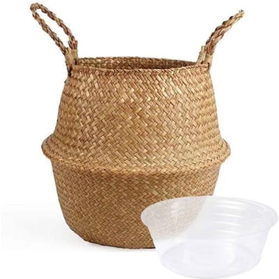 Panier Tressé en Jonc de Mer Doublure Imperméable Idyllique Multi-Usages Panier Ventre en Jonc de Mer pour Chambres