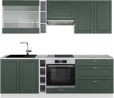 Vicco Fame-Line Complete keukeneenheid – 235 cm, WB Marmer Groen-Goud Landhuis/Wit