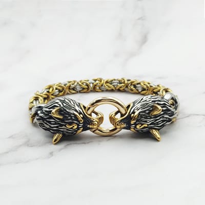 Mei's - Viking Guarding Wolves - armband heren - wolf - RVS zilver/goud - polsmaat 17,5 cm