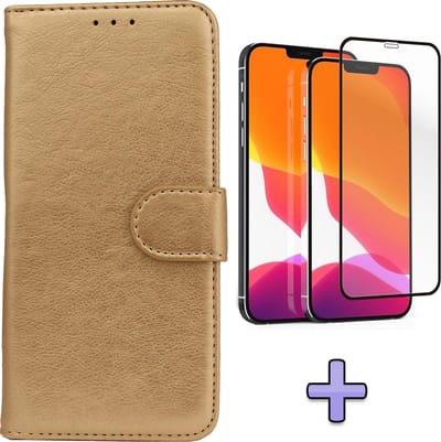 HB Hoesje Geschikt voor Apple iPhone 12 & 12 Pro Goud - Luxe Kunstlederen Portemonnee Book Case & Volledige Display Screenprotector