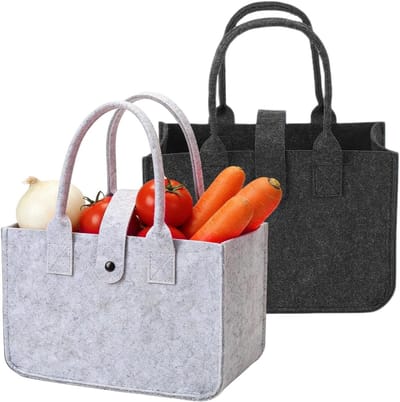 Grote Vilt Shopper Set van 2, Vouwbare Tote Tas voor Winkelen, Picknick en Opslag, Zwart en Lichtgrijs